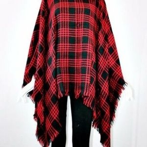 Poncho Plaid Cape Women Shawl Black RED Plaid